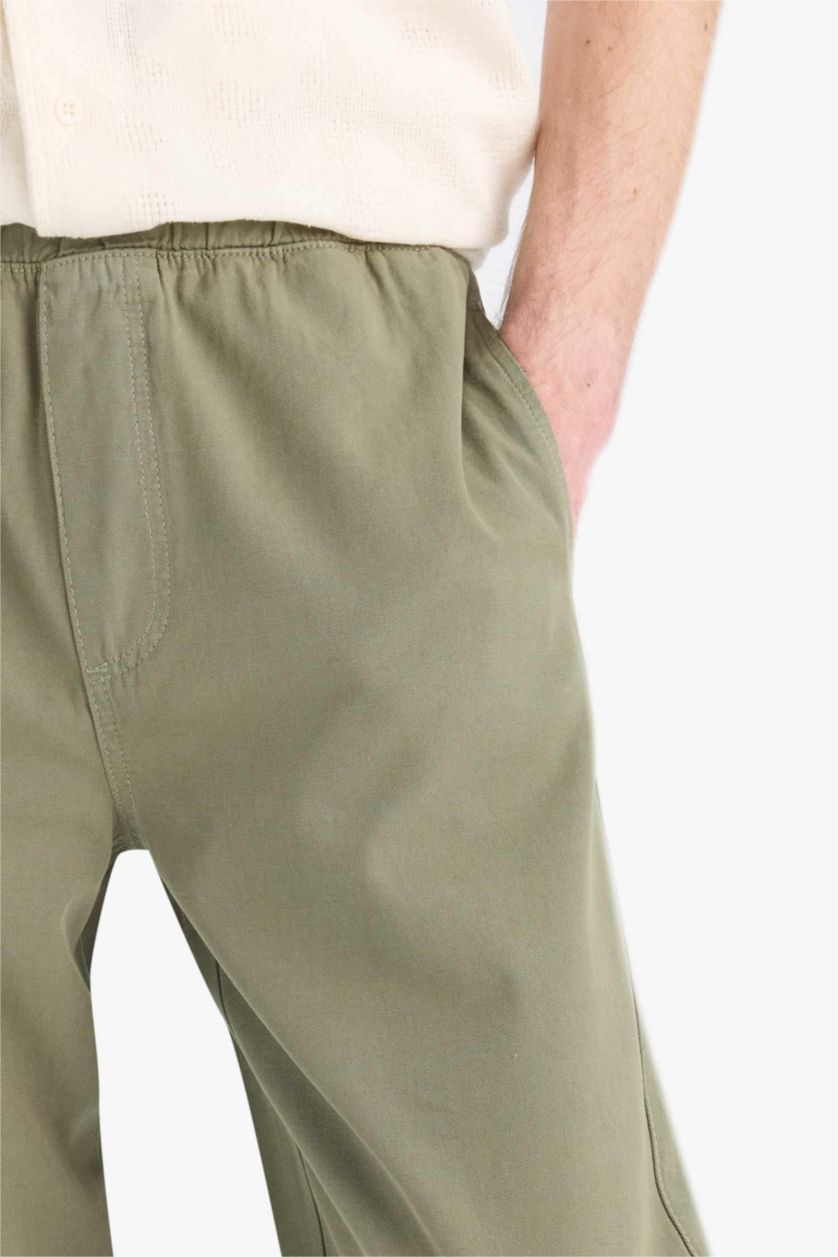 HOMME Kaki Pantalon en Lin Mélangé à coupe régulière et Bande Élastique à La Cheville