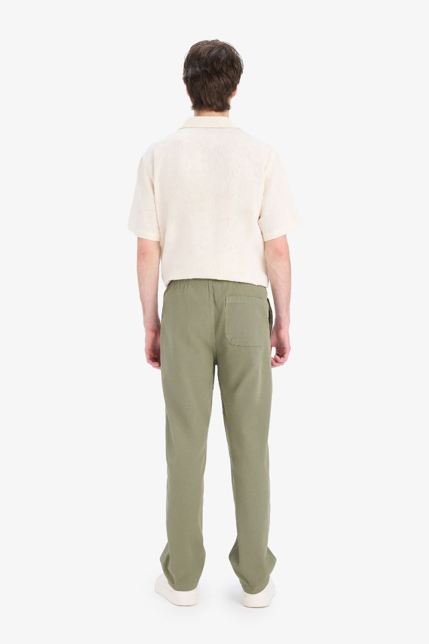 HOMME Kaki Pantalon en Lin Mélangé à coupe régulière et Bande Élastique à La Cheville