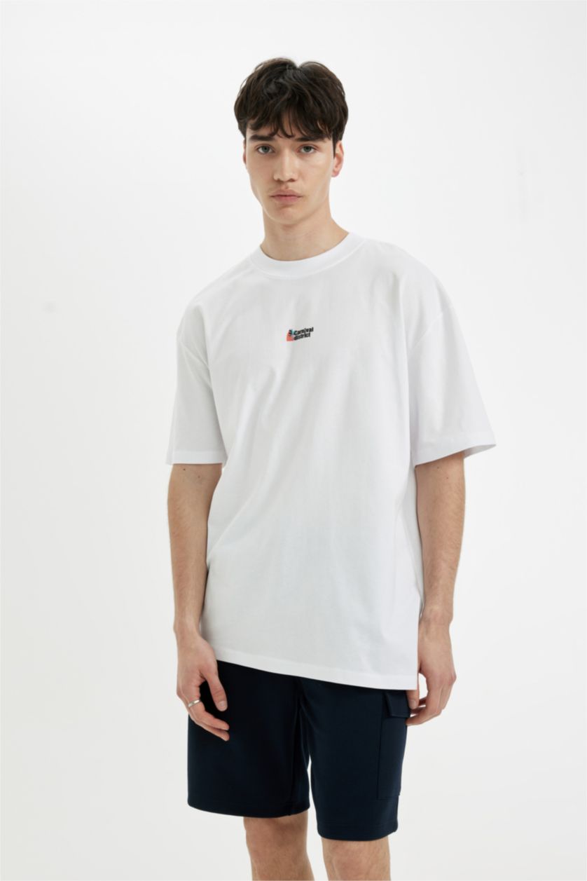 رجال أبيض تيشيرت أوفر سايز نص ردن بياخة مستديرة بطبعة من الخلف