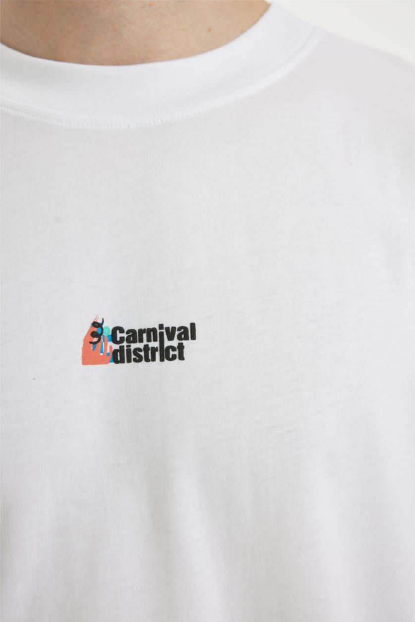 رجال أبيض تيشيرت أوفر سايز نص ردن بياخة مستديرة بطبعة من الخلف