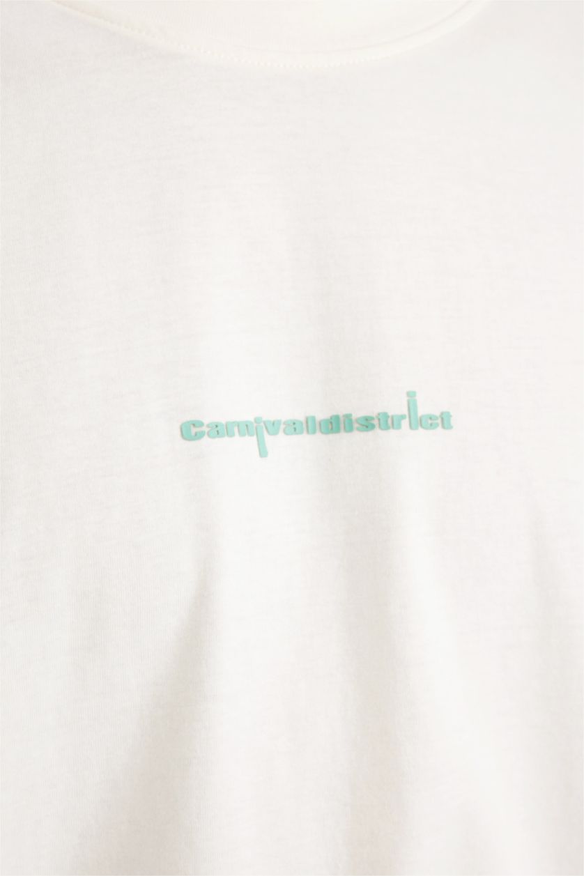 Erkek Ekru Loose Fit Bisiklet Yaka Sırt Baskılı Kısa Kollu Tişört