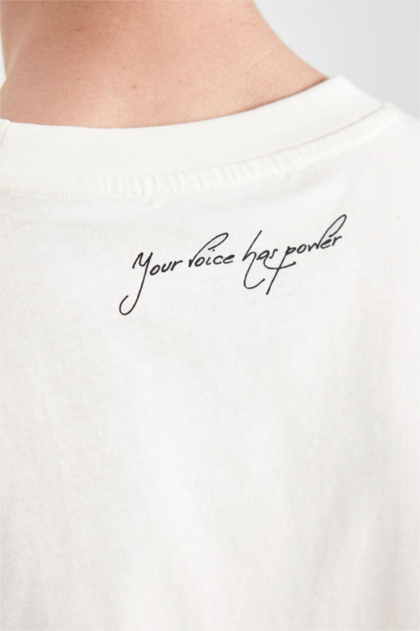 Erkek Ekru Loose Fit Bisiklet Yaka Sırt Baskılı Kısa Kollu Tişört