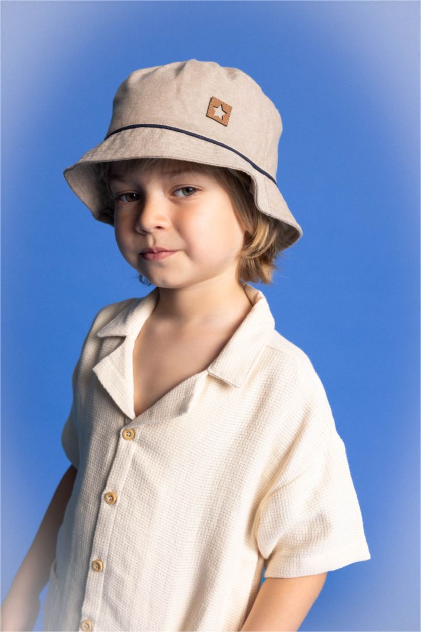BABY BOY Stone Baby Boy Label Printed Linen Bucket Hat