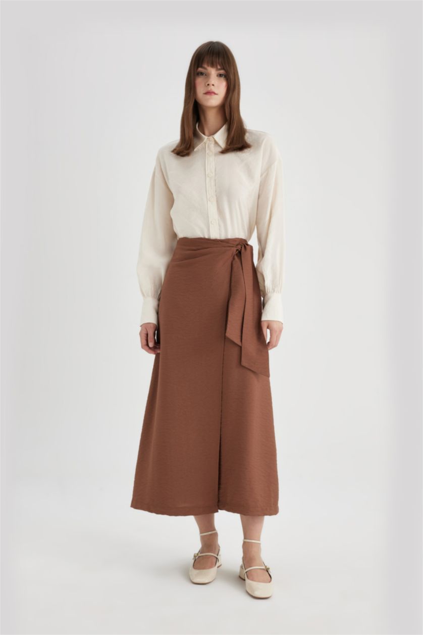 FEMME Marron Clair Jupe Midi avec lacets à La Taille