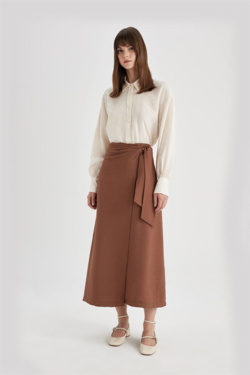 FEMME Marron Clair Jupe Midi avec lacets à La Taille