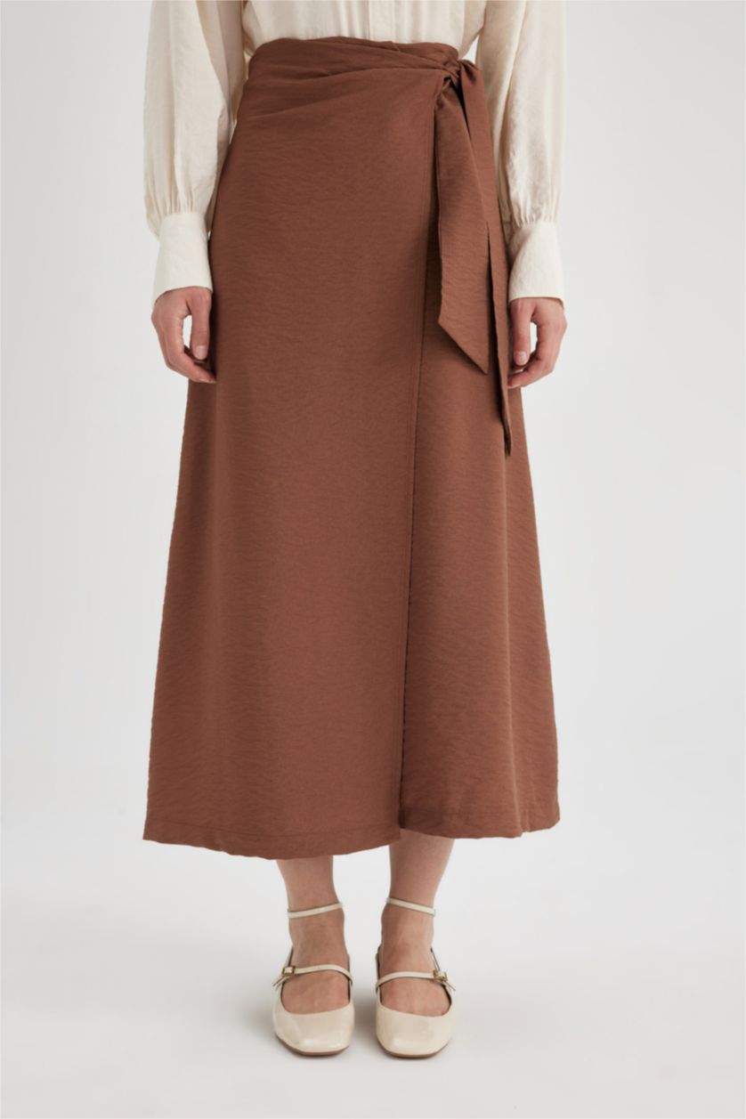 FEMME Marron Clair Jupe Midi avec lacets à La Taille