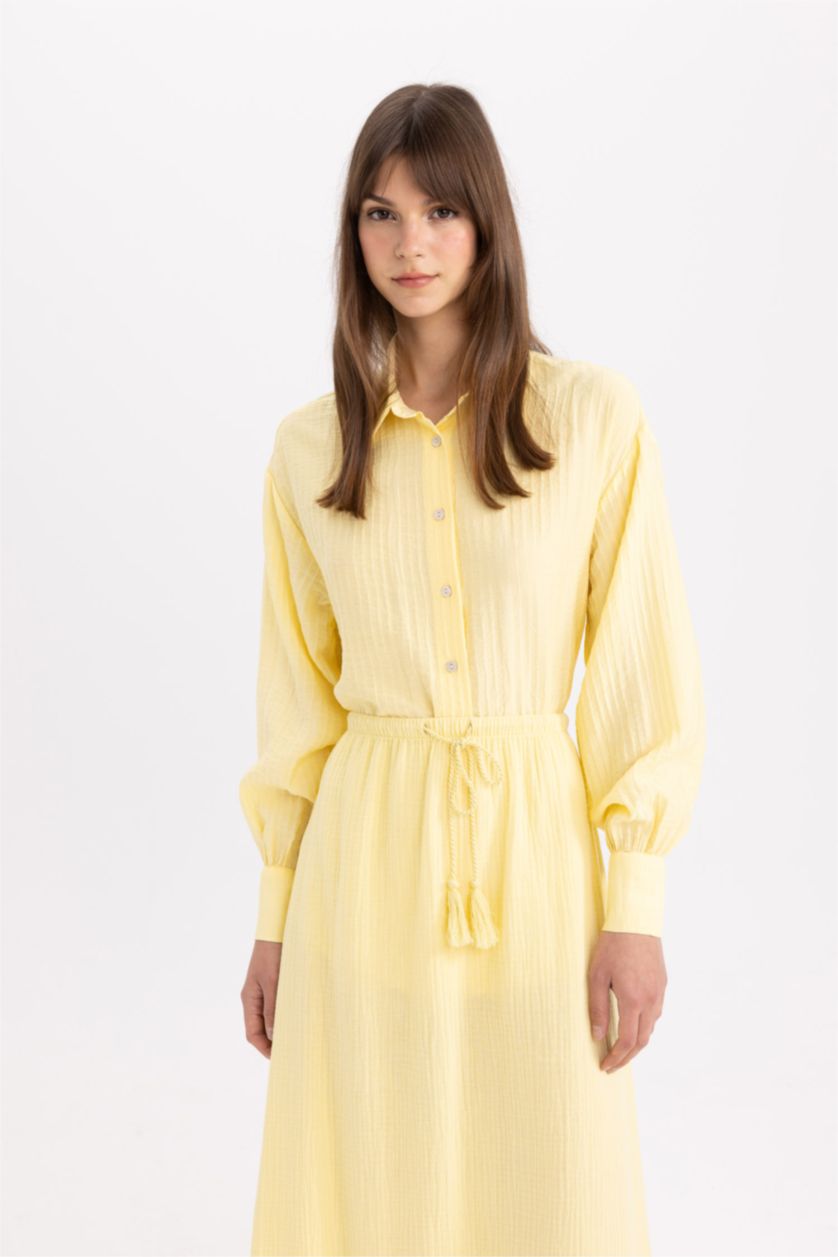 نساء أصفر تونيك كم طويل منسوج قصة مريحة