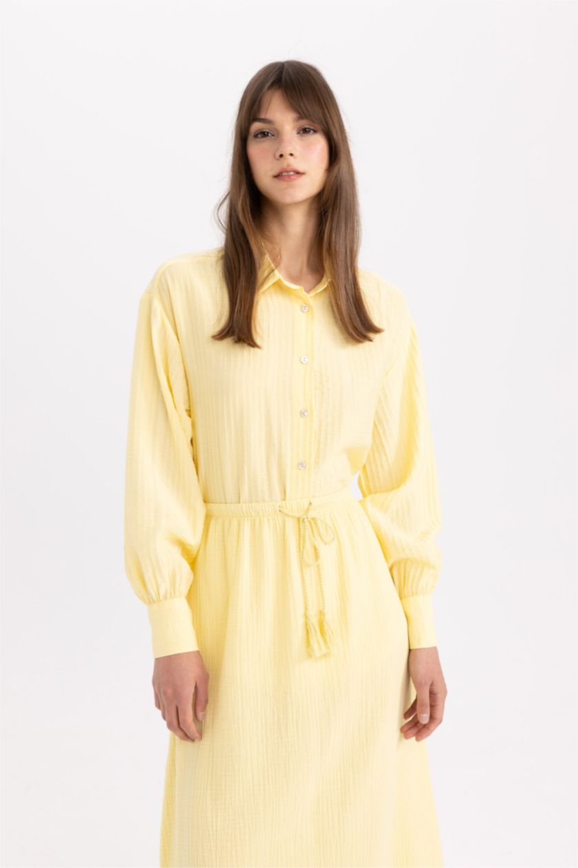 نساء أصفر تونيك كم طويل منسوج قصة مريحة