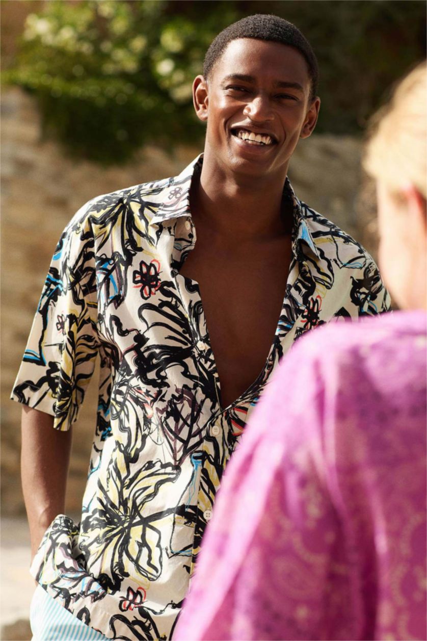 Erkek Kum Relax Fit Desenli Pamuklu Kısa Kollu Gömlek