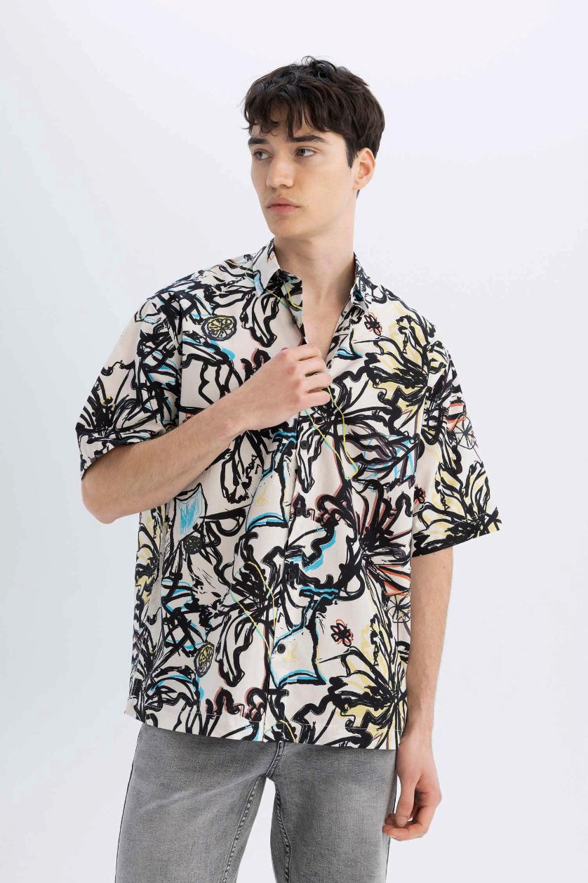 Erkek Kum Relax Fit Desenli Pamuklu Kısa Kollu Gömlek