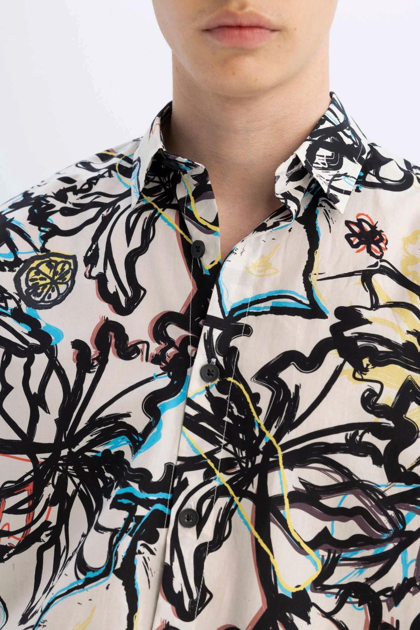 Erkek Kum Relax Fit Desenli Pamuklu Kısa Kollu Gömlek