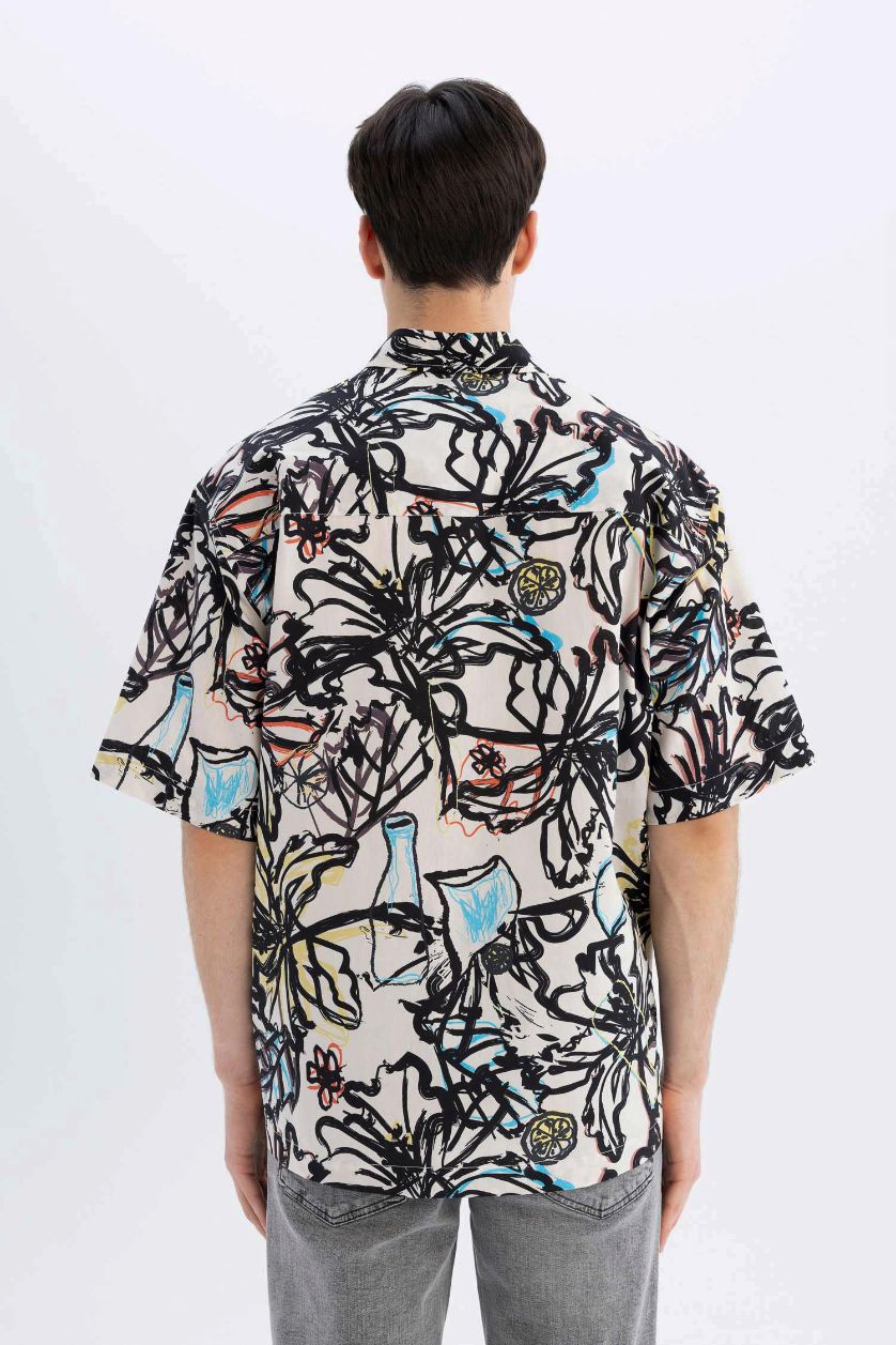 Erkek Kum Relax Fit Desenli Pamuklu Kısa Kollu Gömlek