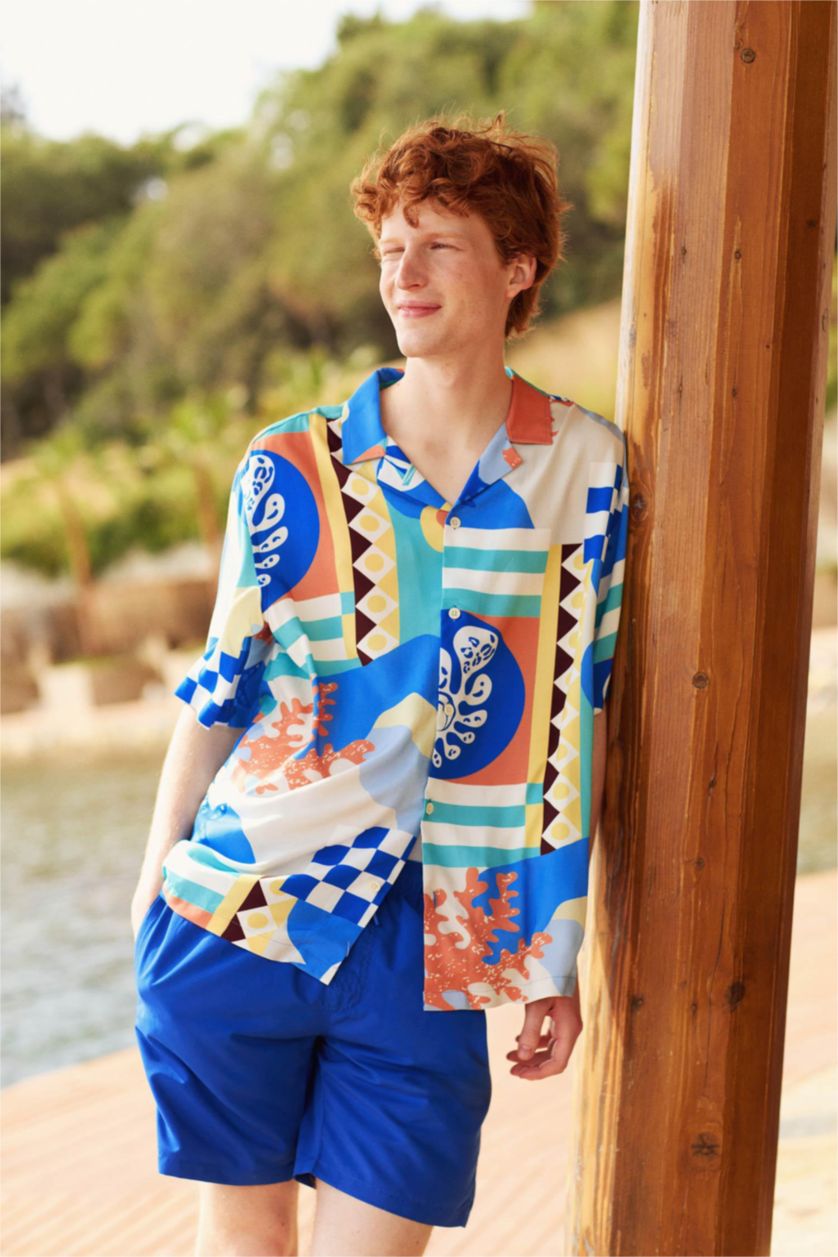 MAN Green Relax Fit Resort Collar Printed Viscose Shirt