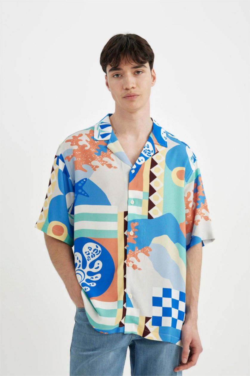 MAN Green Relax Fit Resort Collar Printed Viscose Shirt