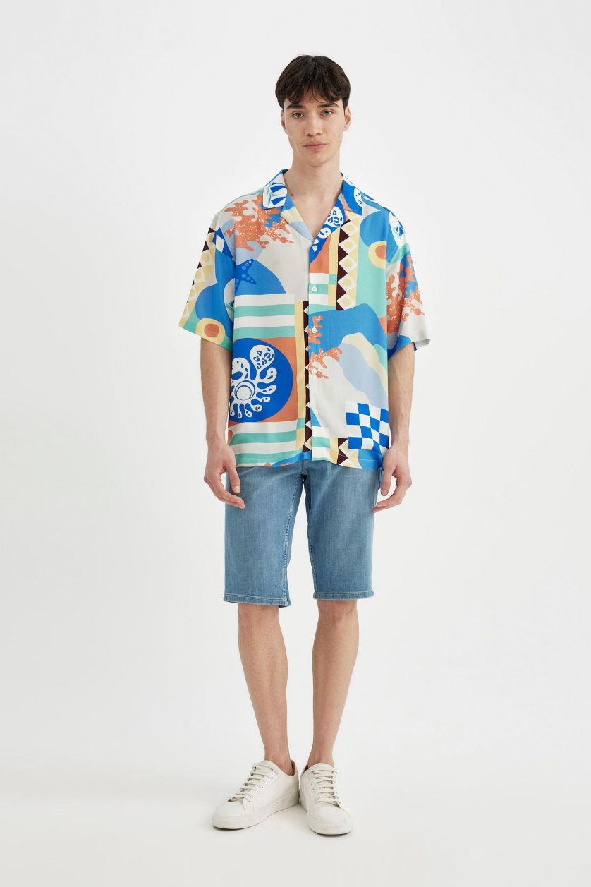 MAN Green Relax Fit Resort Collar Printed Viscose Shirt