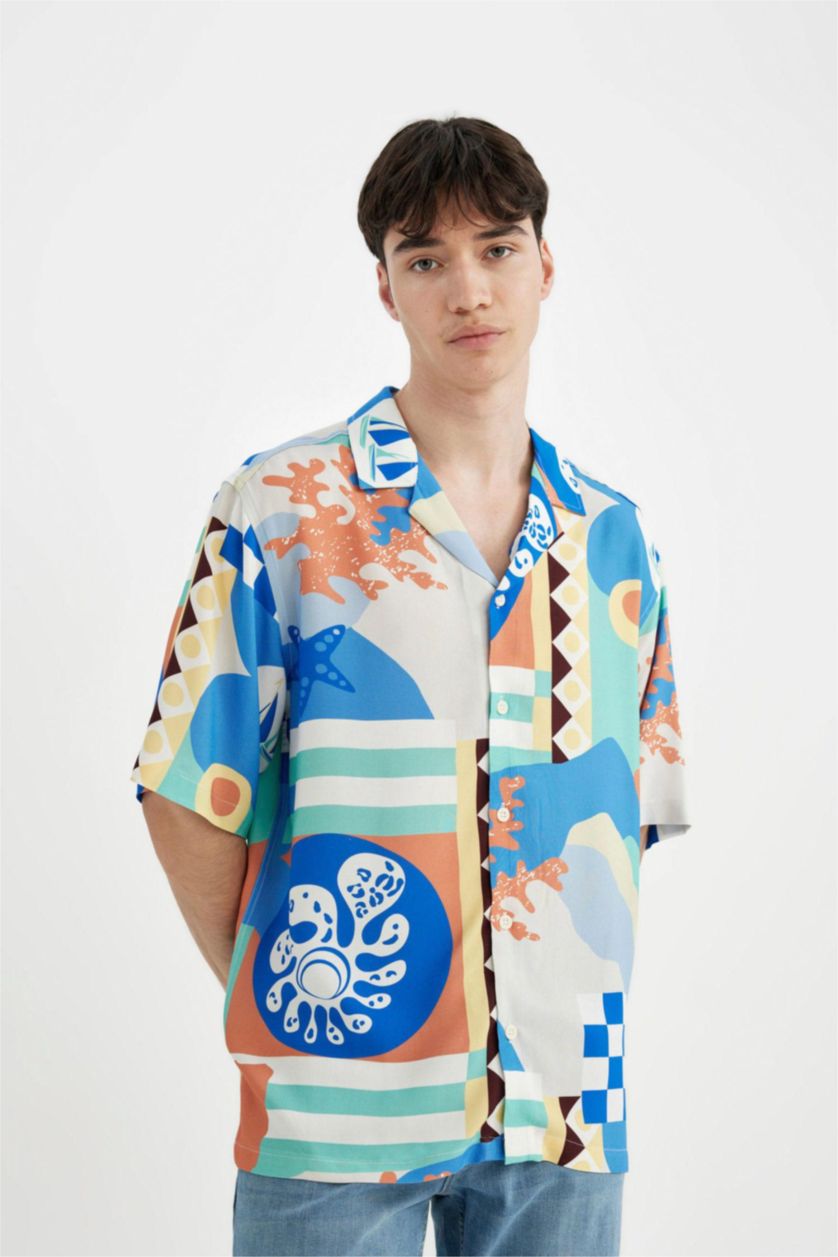 MAN Green Relax Fit Resort Collar Printed Viscose Shirt