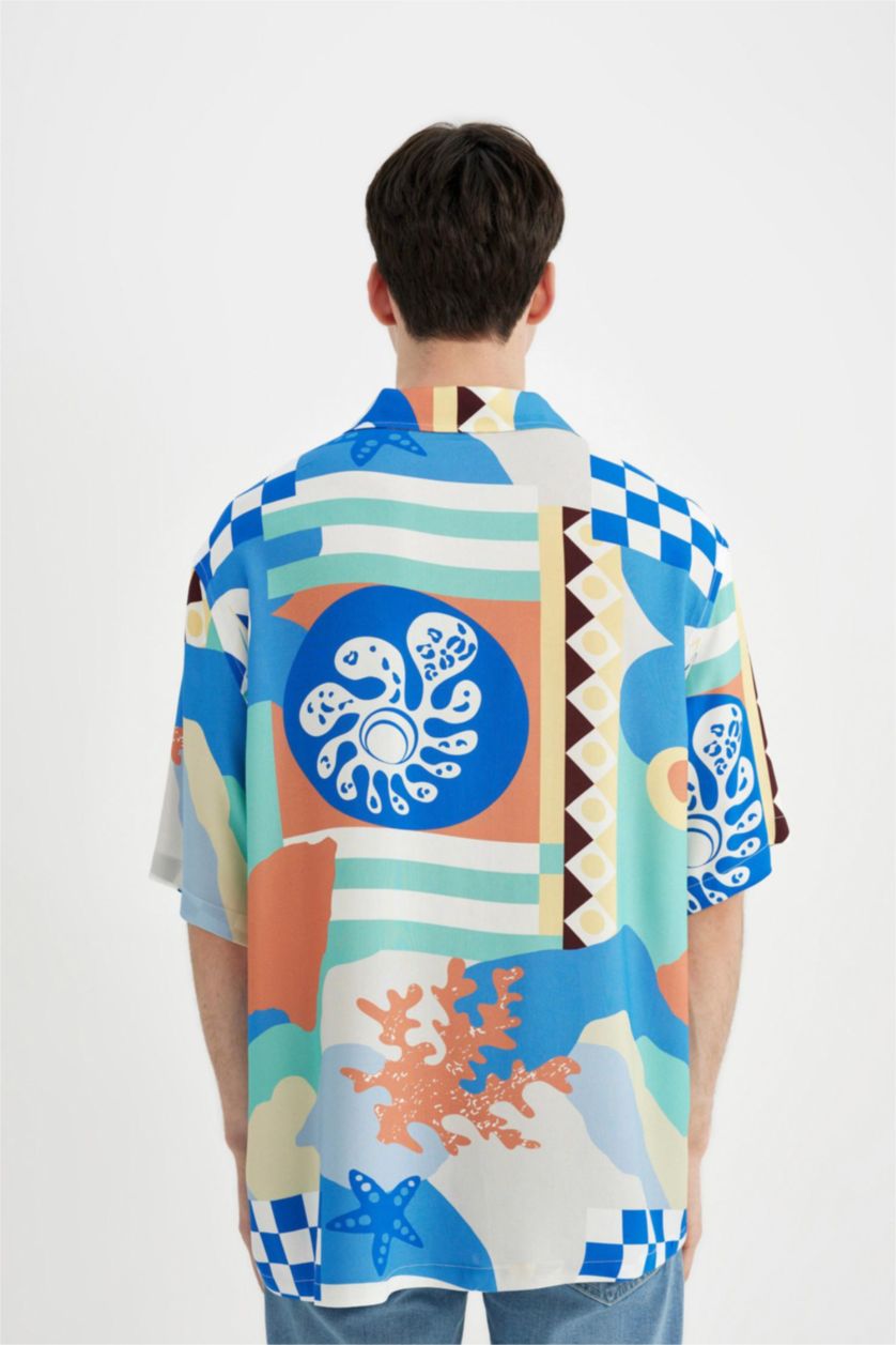 MAN Green Relax Fit Resort Collar Printed Viscose Shirt