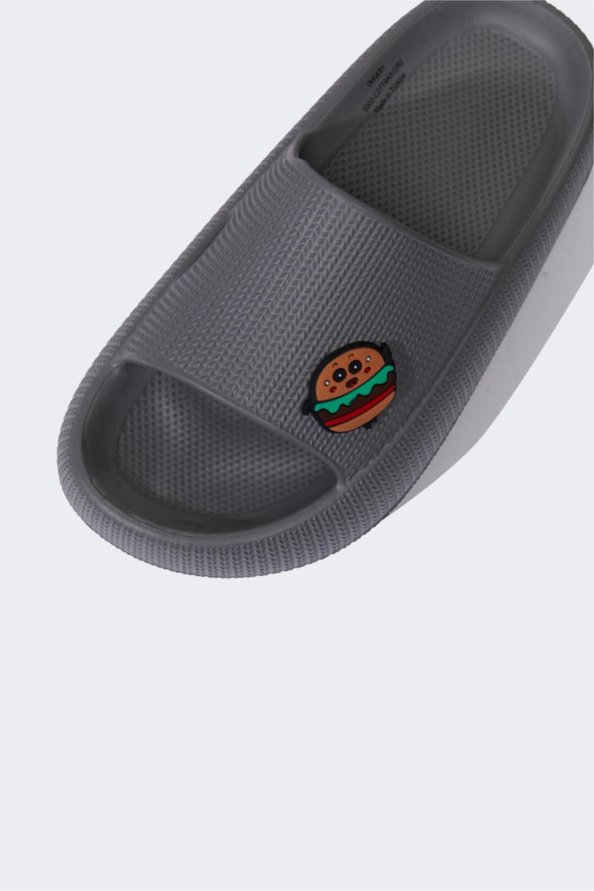 Erkek Çocuk - Genç Erkek Gri Aplike Tırtıklı Taban Cırt Cırtlı Eva Sandalet Erkek Çocuk