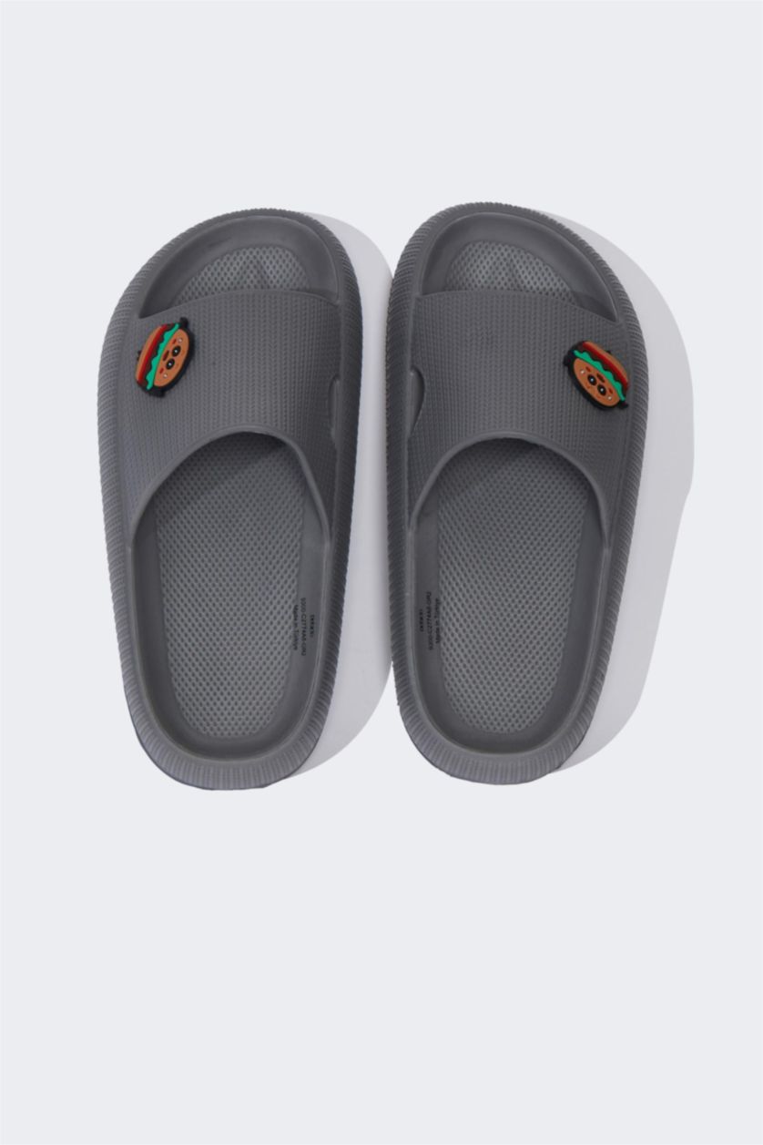 Erkek Çocuk - Genç Erkek Gri Aplike Tırtıklı Taban Cırt Cırtlı Eva Sandalet Erkek Çocuk