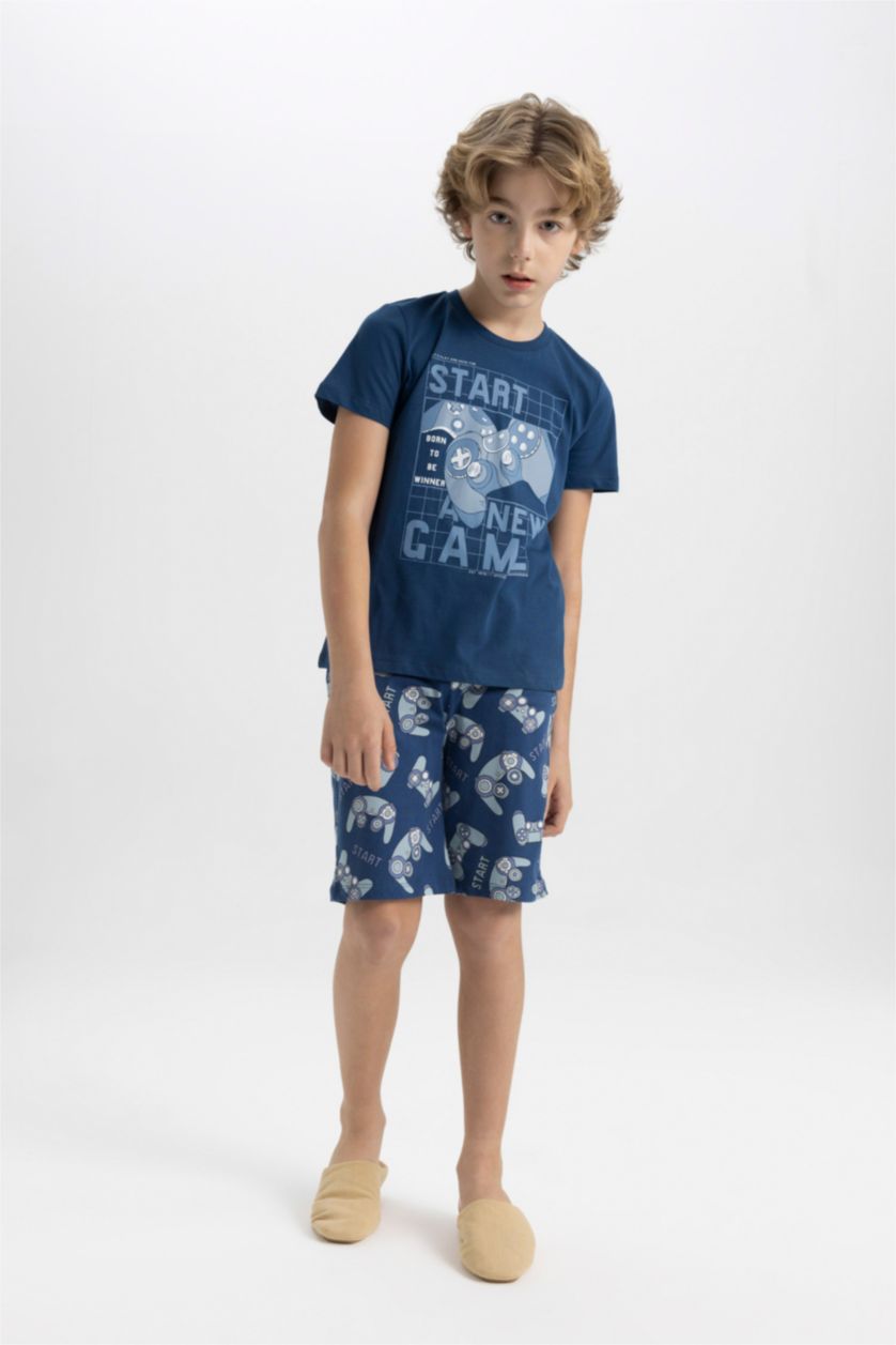Erkek Çocuk - Genç Erkek Lacivert Erkek Çocuk Pijama Takımı Baskılı Kısa Kollu Üst Şort