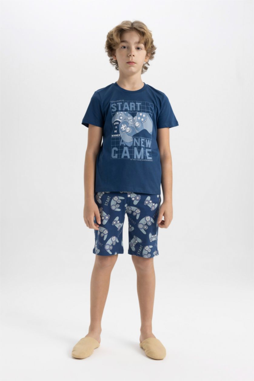 Erkek Çocuk - Genç Erkek Lacivert Erkek Çocuk Pijama Takımı Baskılı Kısa Kollu Üst Şort