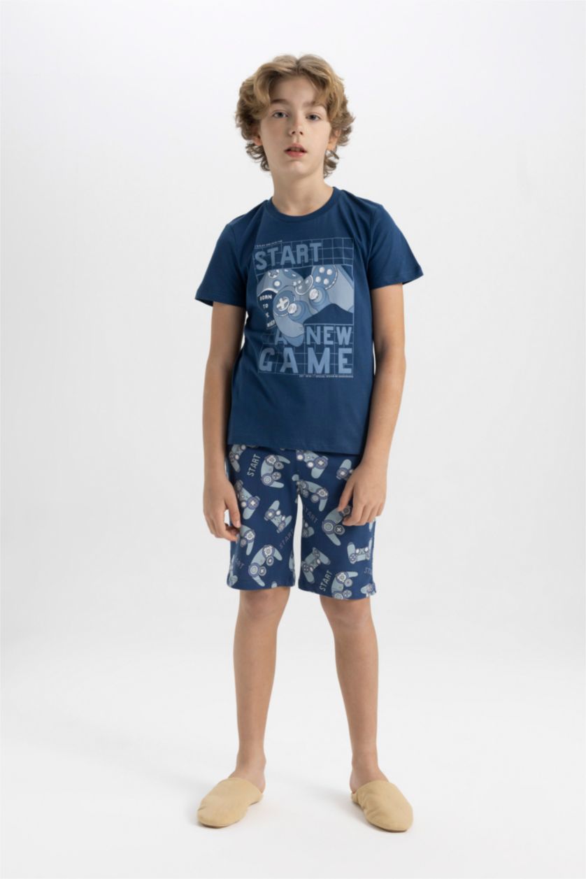 Erkek Çocuk - Genç Erkek Lacivert Erkek Çocuk Pijama Takımı Baskılı Kısa Kollu Üst Şort