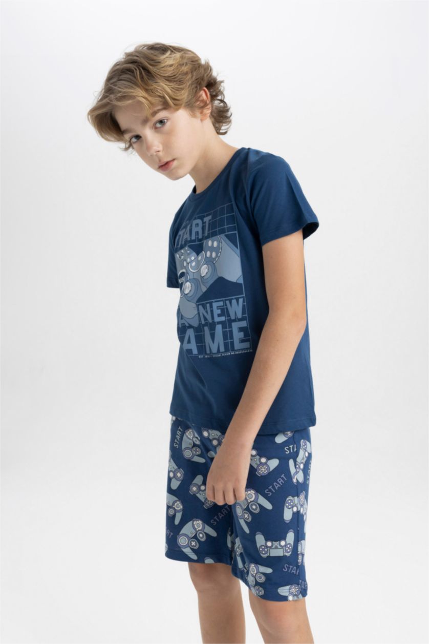 Erkek Çocuk - Genç Erkek Lacivert Erkek Çocuk Pijama Takımı Baskılı Kısa Kollu Üst Şort