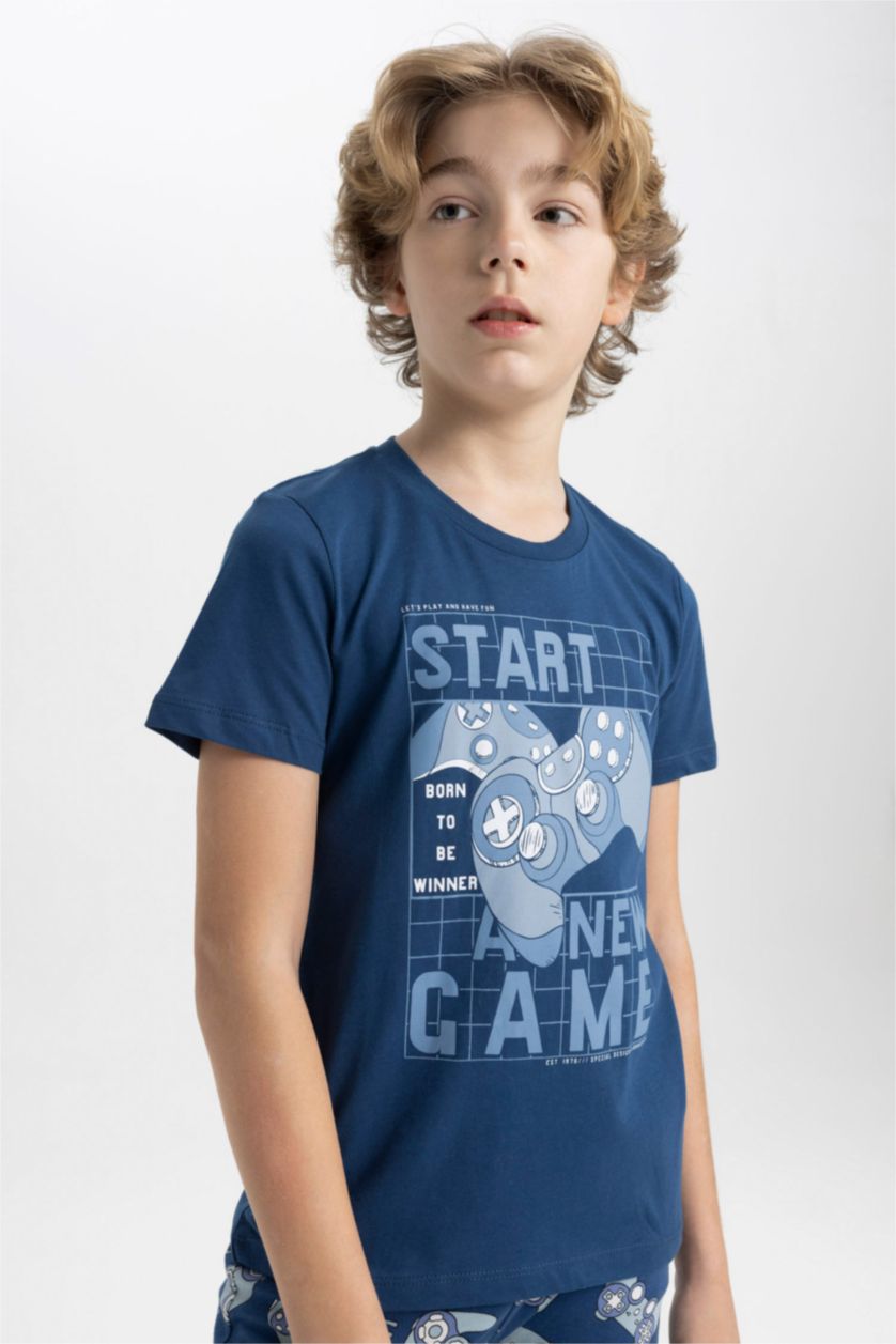 Erkek Çocuk - Genç Erkek Lacivert Erkek Çocuk Pijama Takımı Baskılı Kısa Kollu Üst Şort