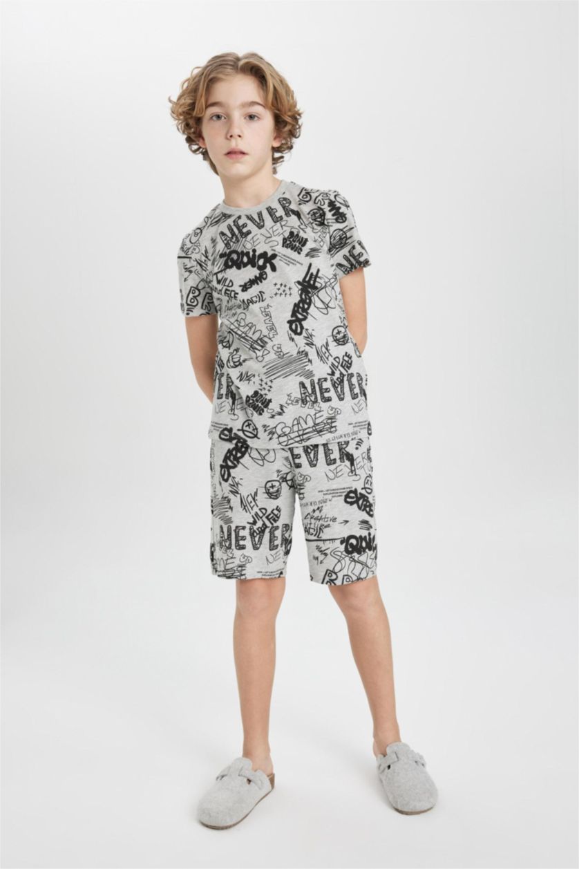 Erkek Çocuk - Genç Erkek Gri Melanj Erkek Çocuk Pijama Takımı Baskılı Kısa Kollu Üst Şort