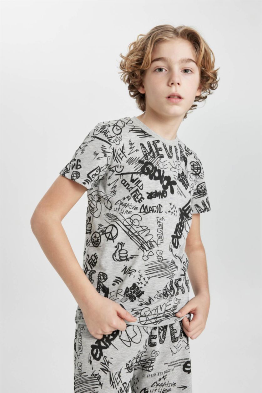 Erkek Çocuk - Genç Erkek Gri Melanj Erkek Çocuk Pijama Takımı Baskılı Kısa Kollu Üst Şort