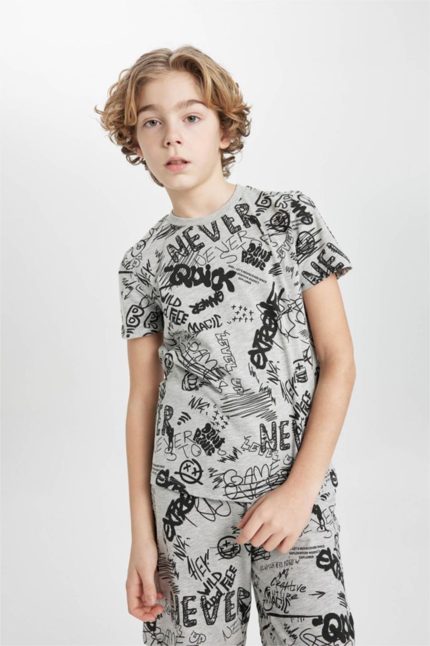 Erkek Çocuk - Genç Erkek Gri Melanj Erkek Çocuk Pijama Takımı Baskılı Kısa Kollu Üst Şort