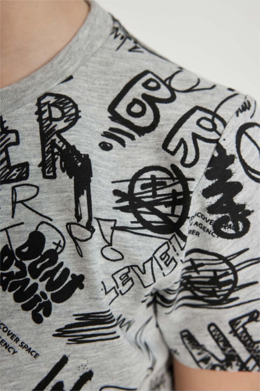 Erkek Çocuk - Genç Erkek Gri Melanj Erkek Çocuk Pijama Takımı Baskılı Kısa Kollu Üst Şort