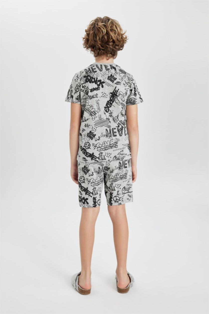 Erkek Çocuk - Genç Erkek Gri Melanj Erkek Çocuk Pijama Takımı Baskılı Kısa Kollu Üst Şort
