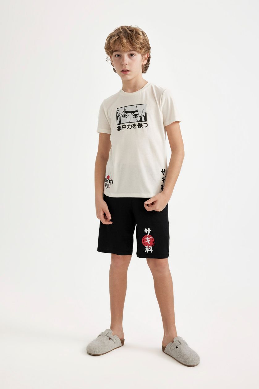 Erkek Çocuk - Genç Erkek Kırık Beyaz Erkek Çocuk Pijama Takımı Baskılı Kısa Kollu Üst Şort