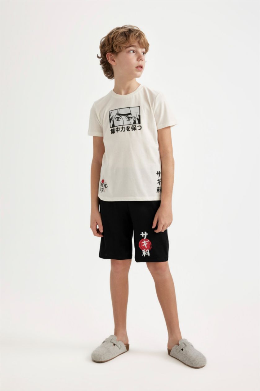 Erkek Çocuk - Genç Erkek Kırık Beyaz Erkek Çocuk Pijama Takımı Baskılı Kısa Kollu Üst Şort