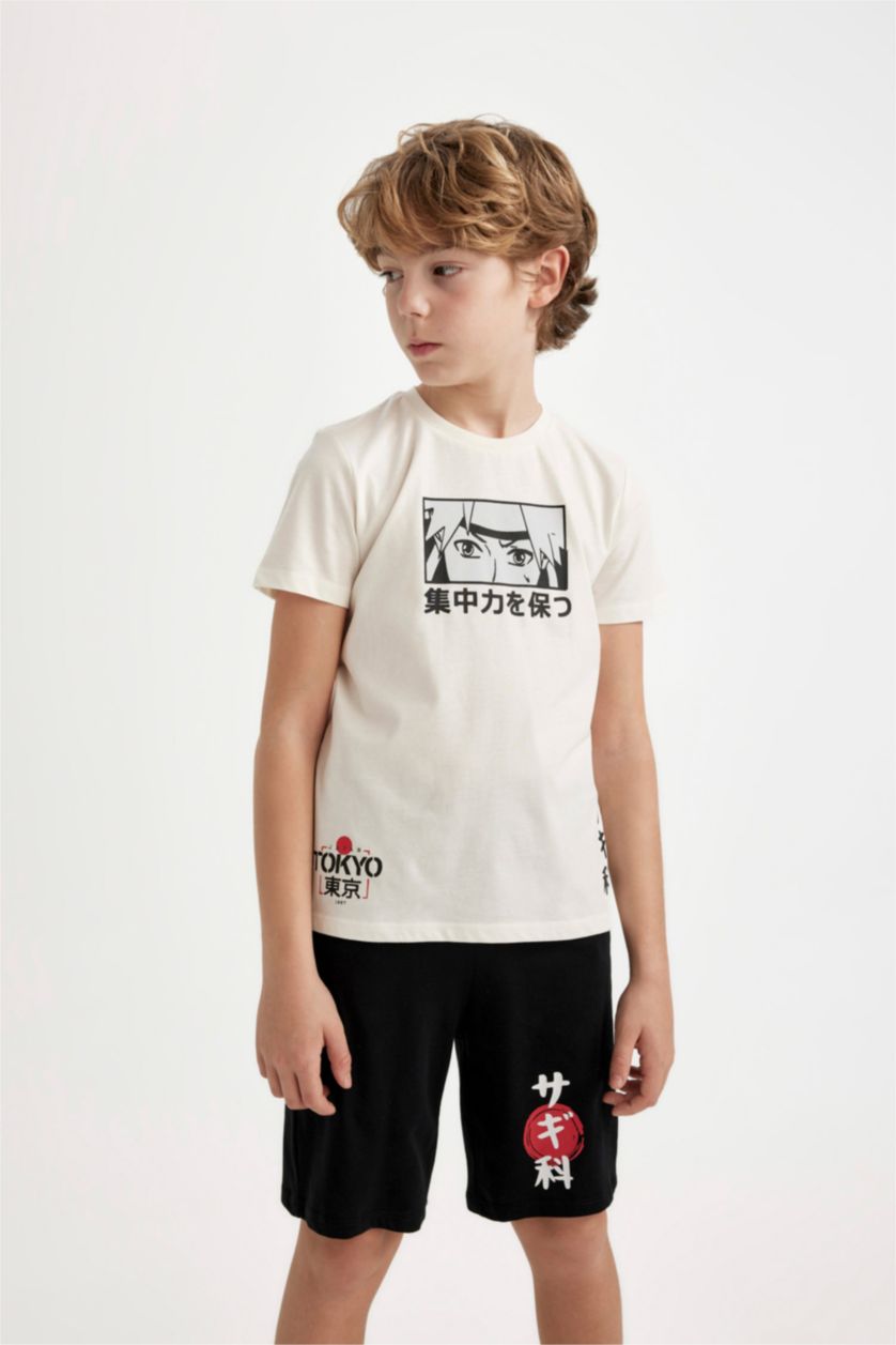 Erkek Çocuk - Genç Erkek Kırık Beyaz Erkek Çocuk Pijama Takımı Baskılı Kısa Kollu Üst Şort