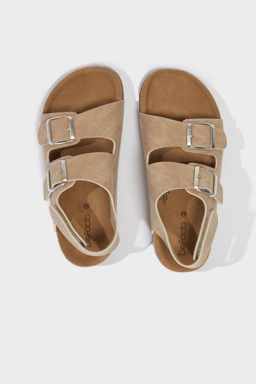 Kız Çocuk - Genç Kız Bej Cırt Cırtlı Düz Taban Sandalet Kız Çocuk