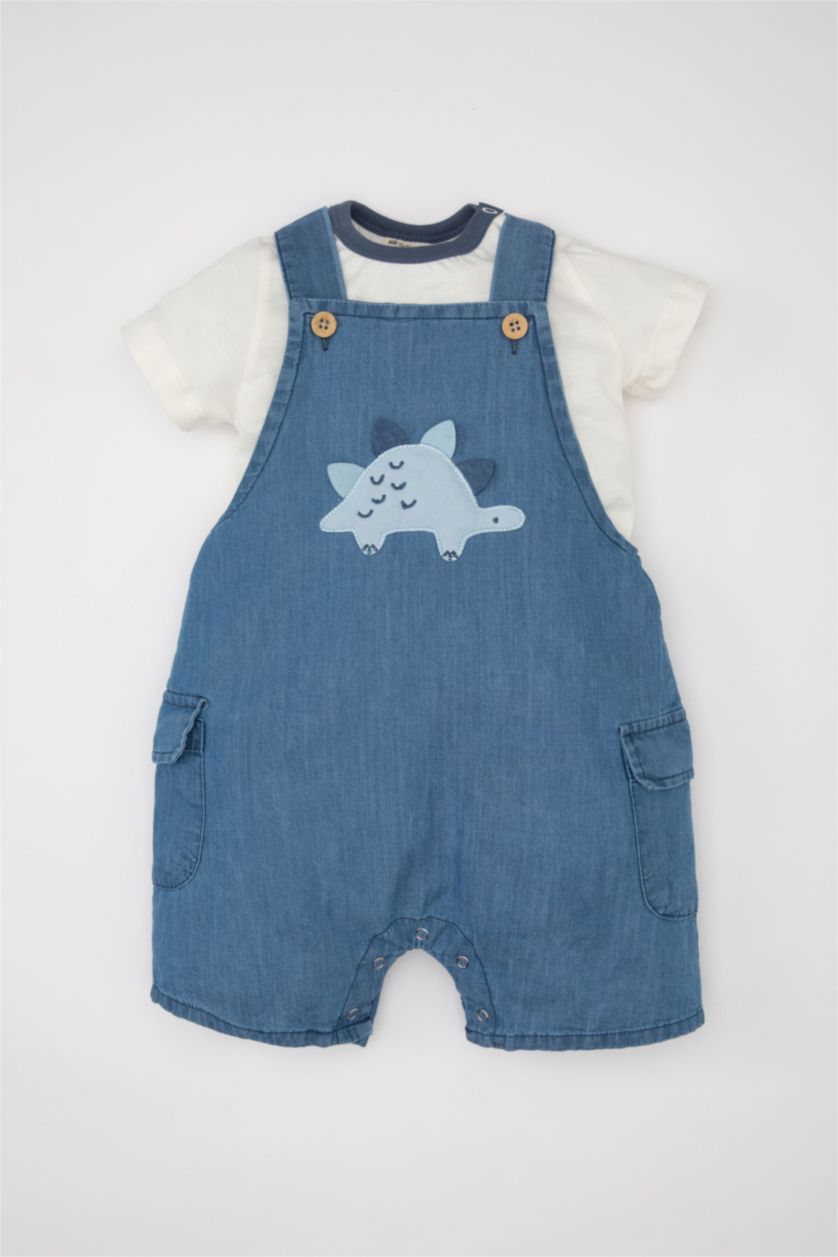Erkek Bebek Mavi Erkek Bebek 2'li Takım Dinazor Baskılı Poplin Kısa Kollu Tişört Salopet
