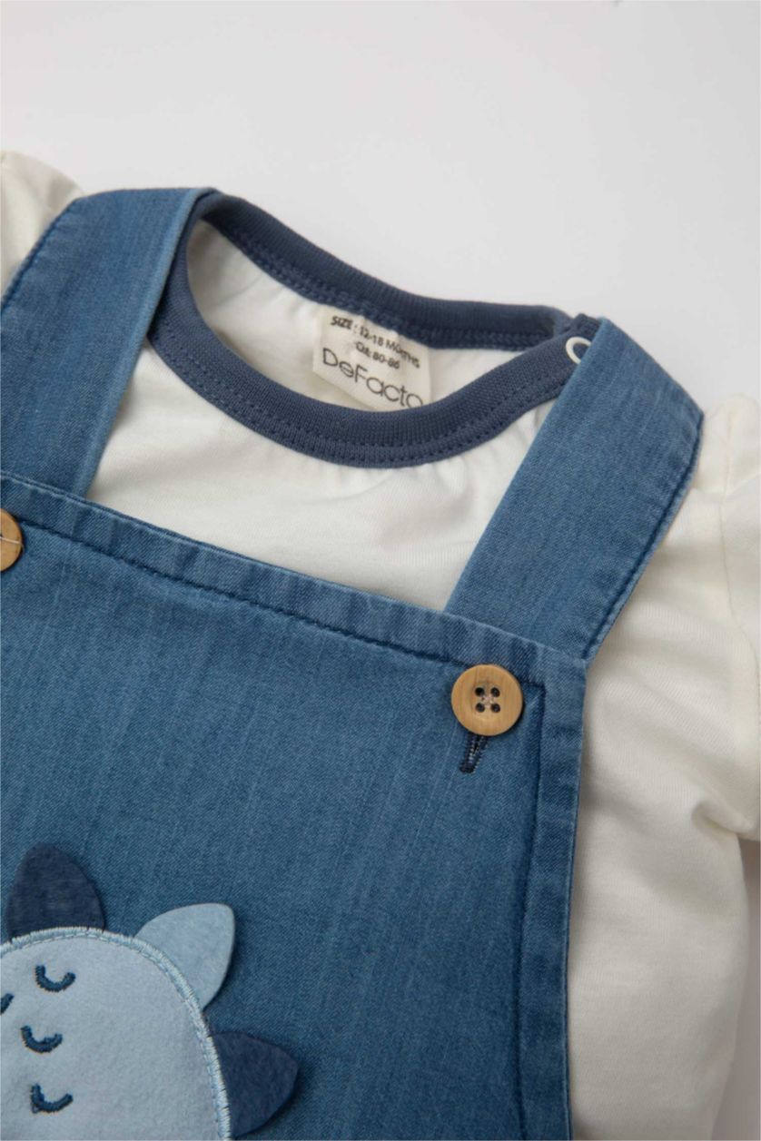 Erkek Bebek Mavi Erkek Bebek 2'li Takım Dinazor Baskılı Poplin Kısa Kollu Tişört Salopet