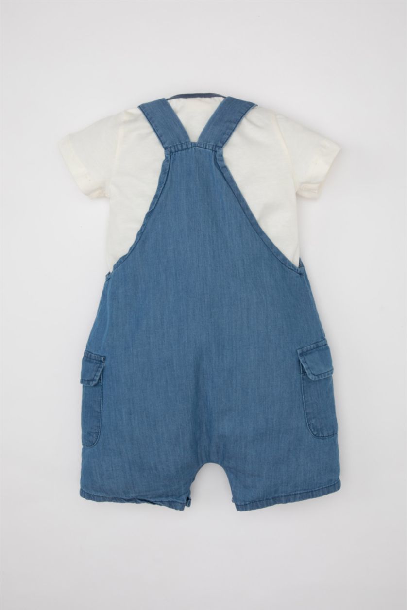 Erkek Bebek Mavi Erkek Bebek 2'li Takım Dinazor Baskılı Poplin Kısa Kollu Tişört Salopet