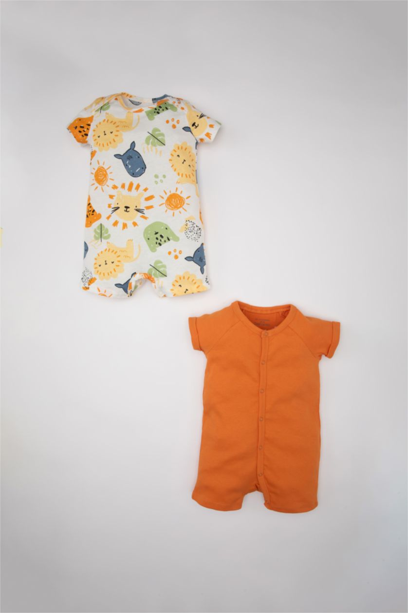 Erkek Bebek Ekru Erkek Bebek Yeni Doğan Safari Baskılı Fitilli Kaşkorse 2'li Kısa Kollu Tulum