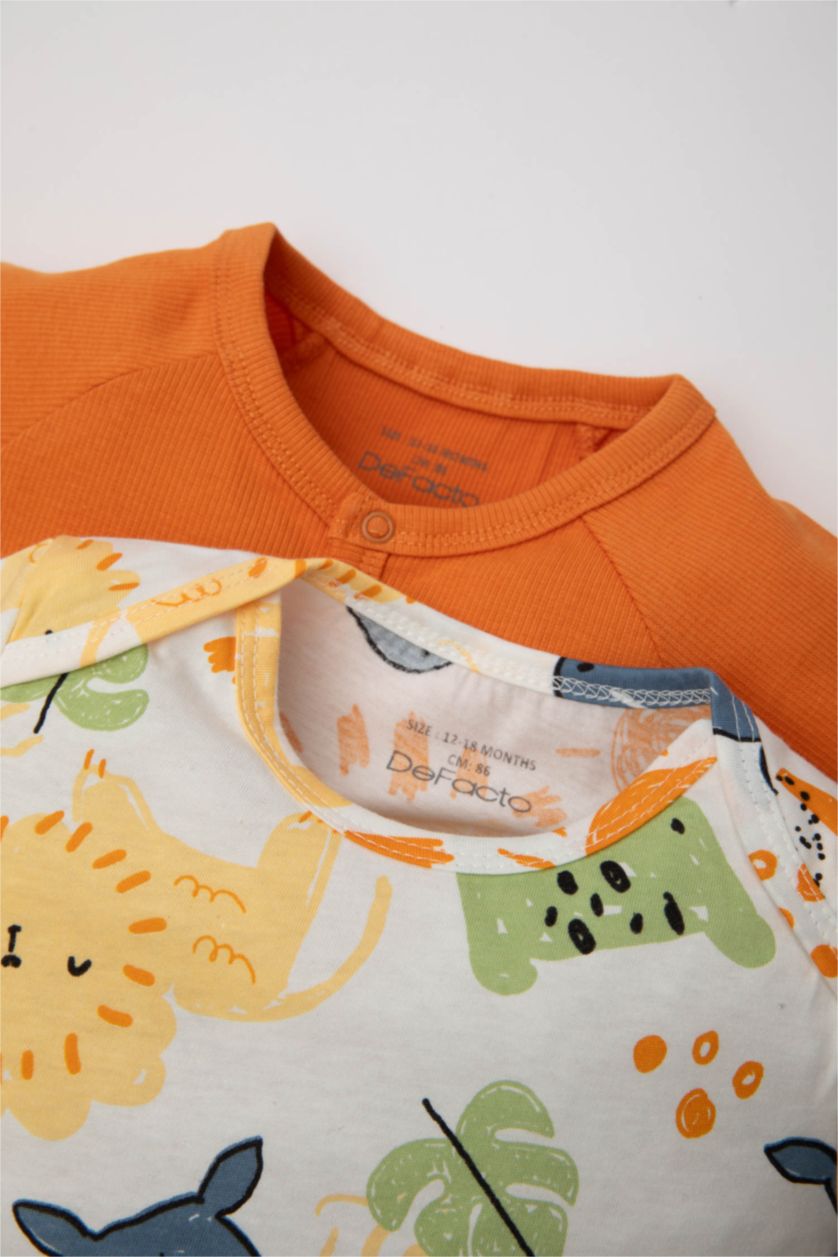 Erkek Bebek Ekru Erkek Bebek Yeni Doğan Safari Baskılı Fitilli Kaşkorse 2'li Kısa Kollu Tulum