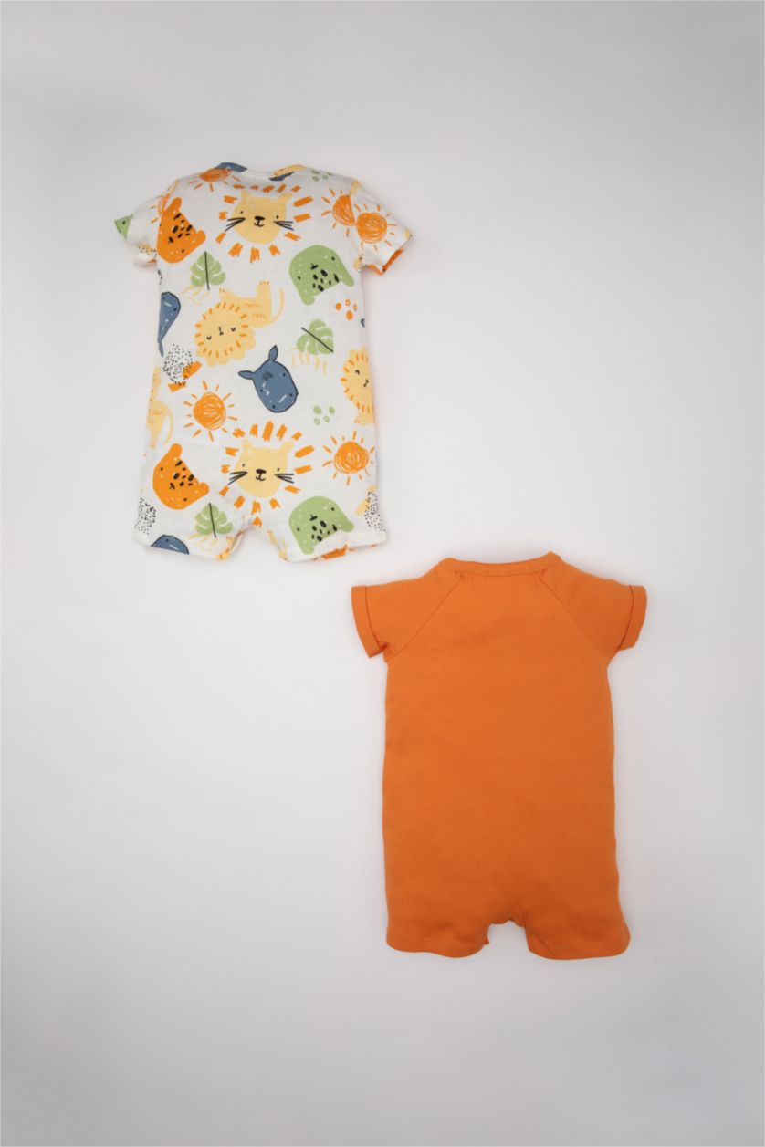 Erkek Bebek Ekru Erkek Bebek Yeni Doğan Safari Baskılı Fitilli Kaşkorse 2'li Kısa Kollu Tulum