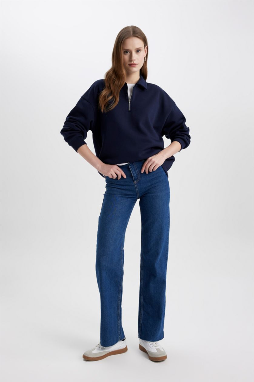 Kadın Lacivert Relax Fit Fermuarlı Dik Yaka Basic Düz Kalın Sweatshirt