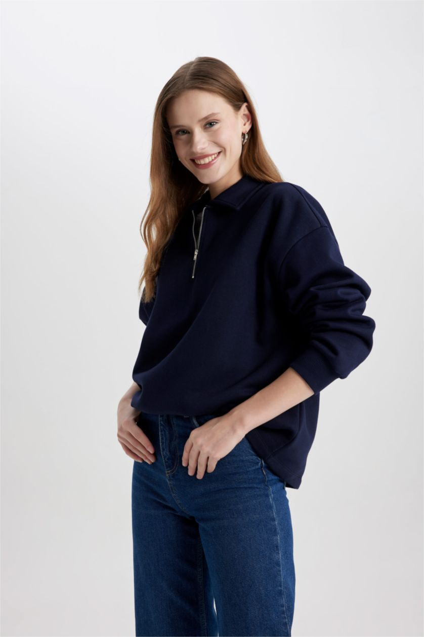 Kadın Lacivert Relax Fit Fermuarlı Dik Yaka Basic Düz Kalın Sweatshirt