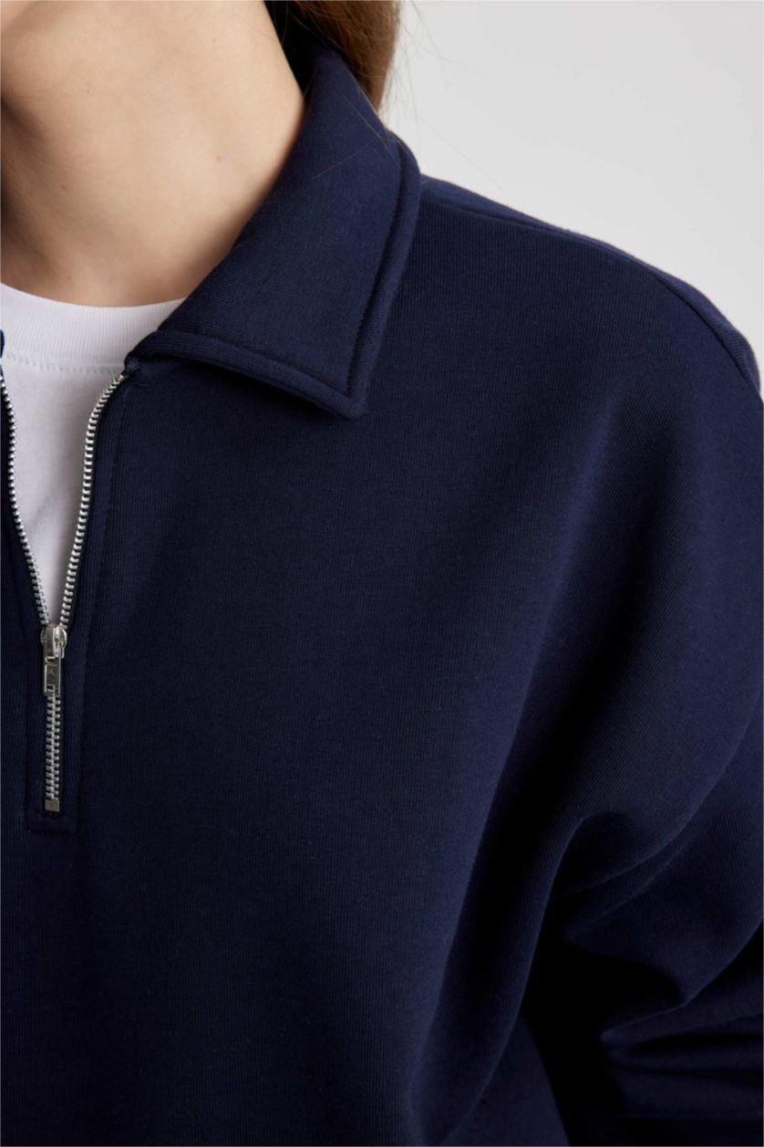 Kadın Lacivert Relax Fit Fermuarlı Dik Yaka Basic Düz Kalın Sweatshirt