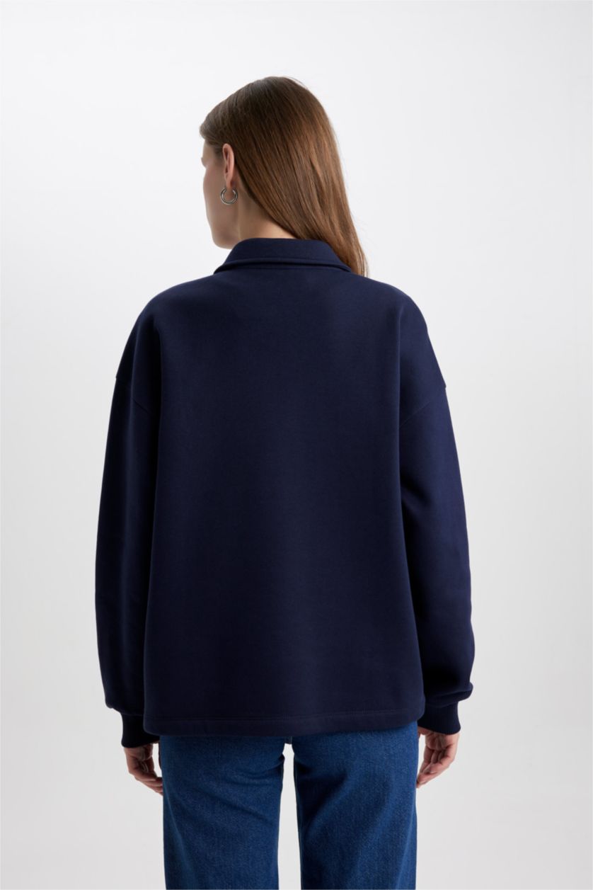 Kadın Lacivert Relax Fit Fermuarlı Dik Yaka Basic Düz Kalın Sweatshirt