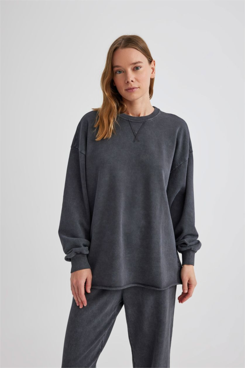 FEMME Anthracite Sweatshirt Coupe Relax à Col Rond à effet décoloré