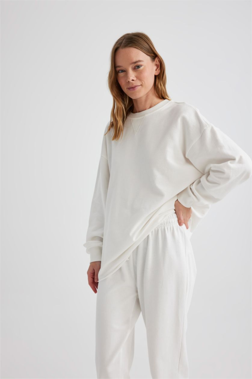 WOMAN Ecru Oversize Fit Crew Neck Basic Sweatshirt