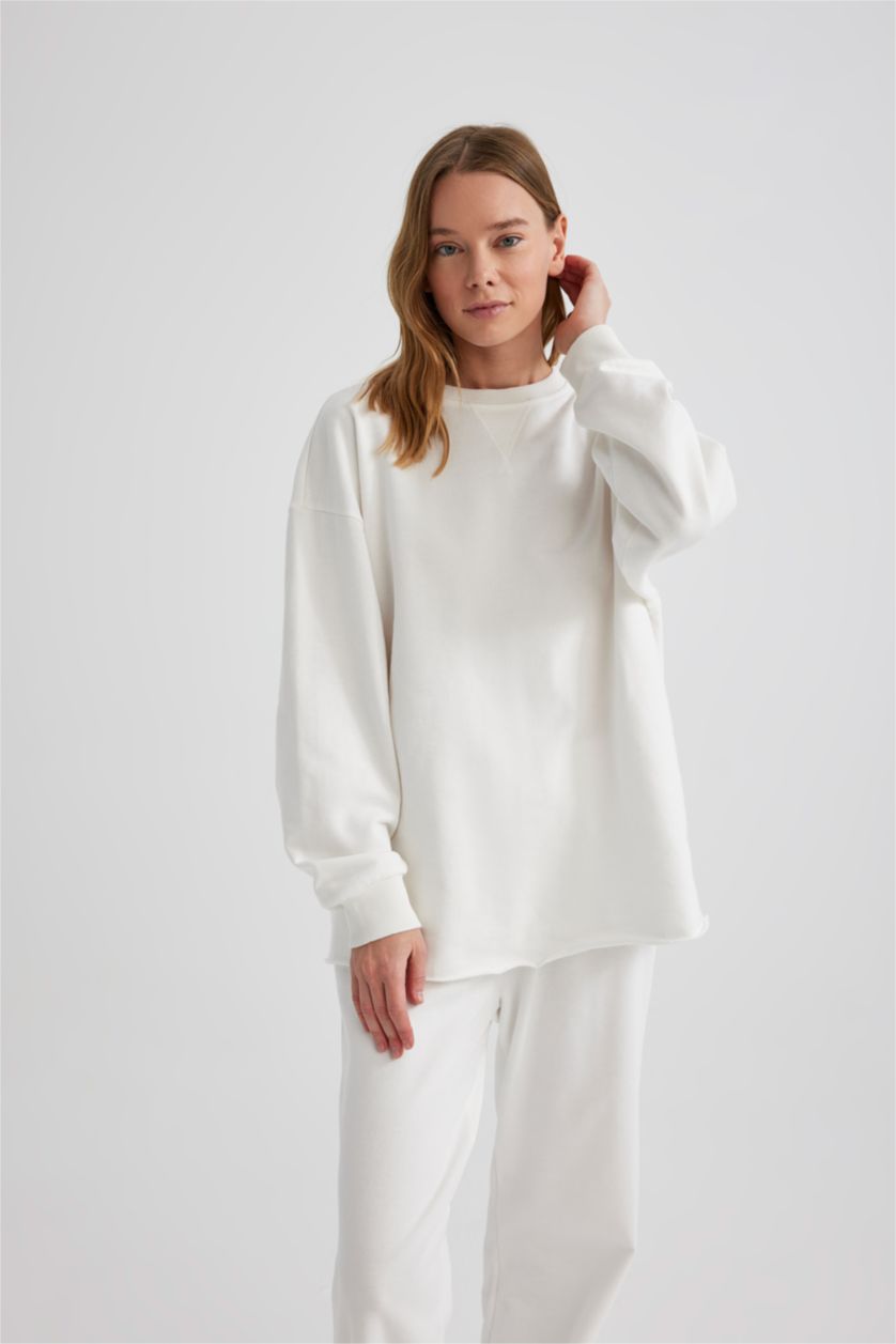 WOMAN Ecru Oversize Fit Crew Neck Basic Sweatshirt